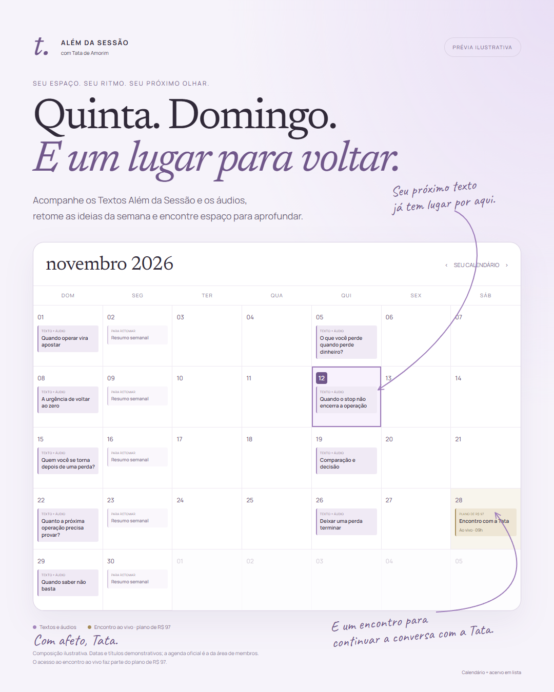Composição ilustrativa do calendário, com textos às quintas e domingos, áudios, resumos e encontro ao vivo